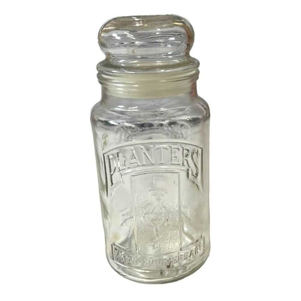Planters Nuts Clear Glass Canister 8” Tall 75th Anniversary 1981 With Lid Peanut